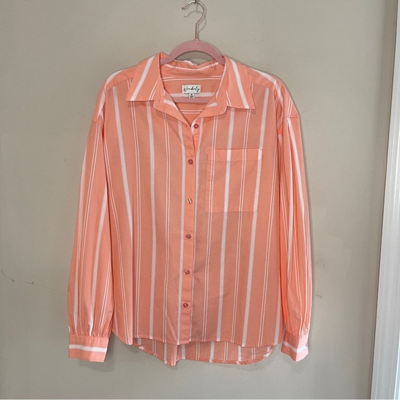 WONDERLY Peach & White Striped Cotton Button Down, Medium - Picture 1 of 6